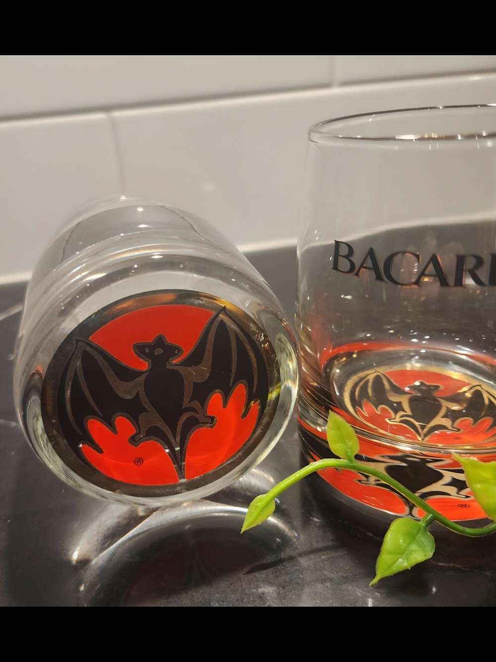Vintage Bacardi Rum Heavy Base Lowball Glasses - Red Bat Logo, Set of 2
